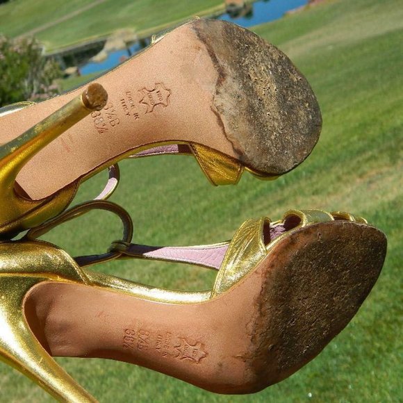 BCBG Max Azria Gold Metalic Leather MaryJane Strappy Spike Heel Sandal Shoes 8.5 - Picture 7 of 10
